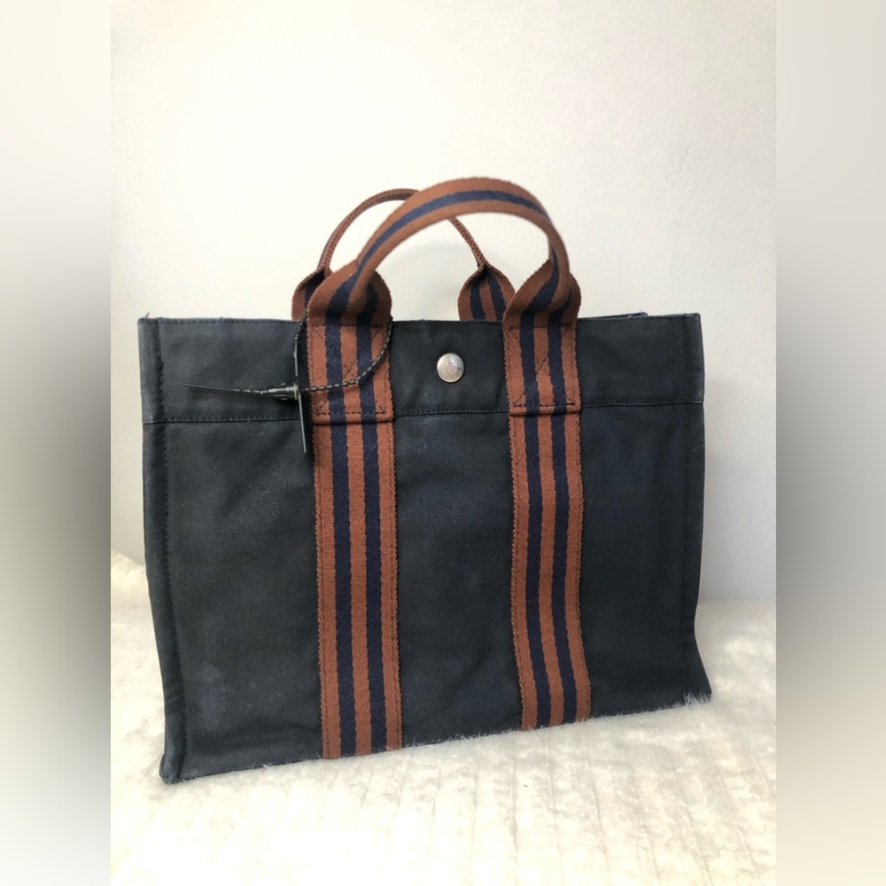 Authentic HERMES Navy Blue & Orange Stripe Cotton Canvas Fourre Tout Tote PM Bag